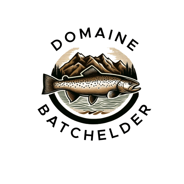 Logo du  domaine Batchelder représentant une truite mouchetés devant une montagne, un lac et une forêt.